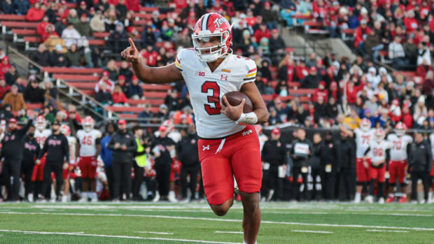 Taulia Tagovailoa during Maryland’s 42–24 win over Rutgers on Nov. 25, 2023.